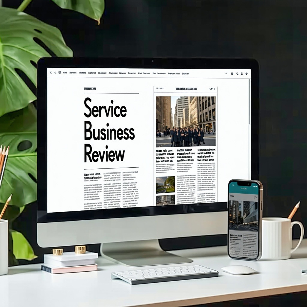 Computer screen tables and mobile phone with a mockup view of an online magazine called the Service Business ReviewStyle should be clean realistic images and little text